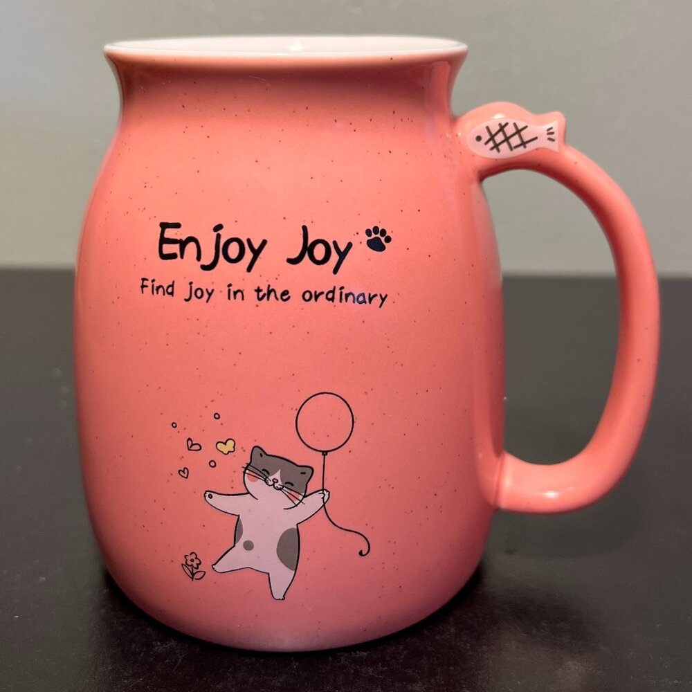 ENJOY JOY Find Joy in the Ordinary ~ Pink Ceramic Cat and  Fish Mug